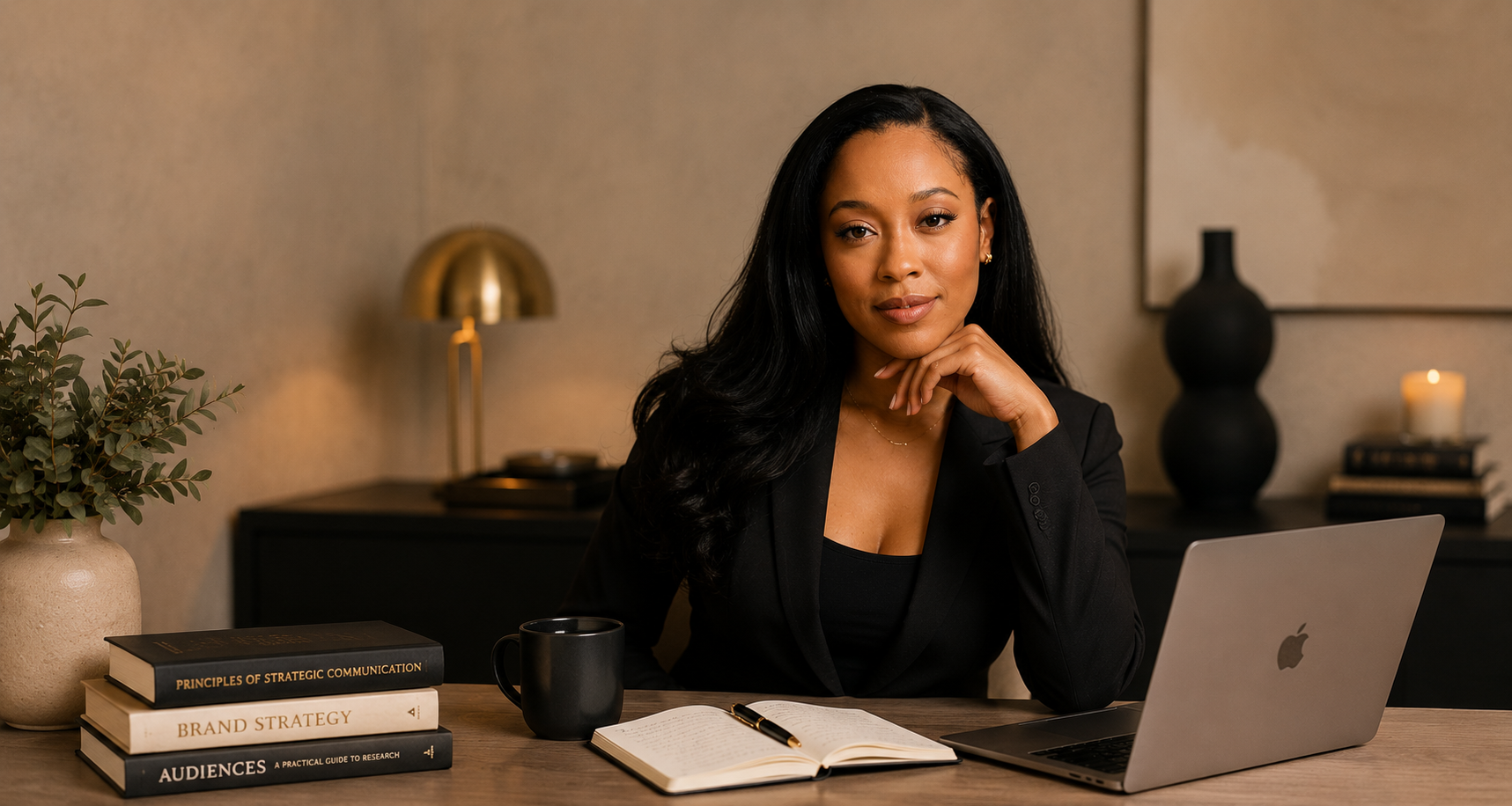 Angelique Payne, strategist and founder of Gold Collar Creative Atelier, seated at a desk in her creative workspace.