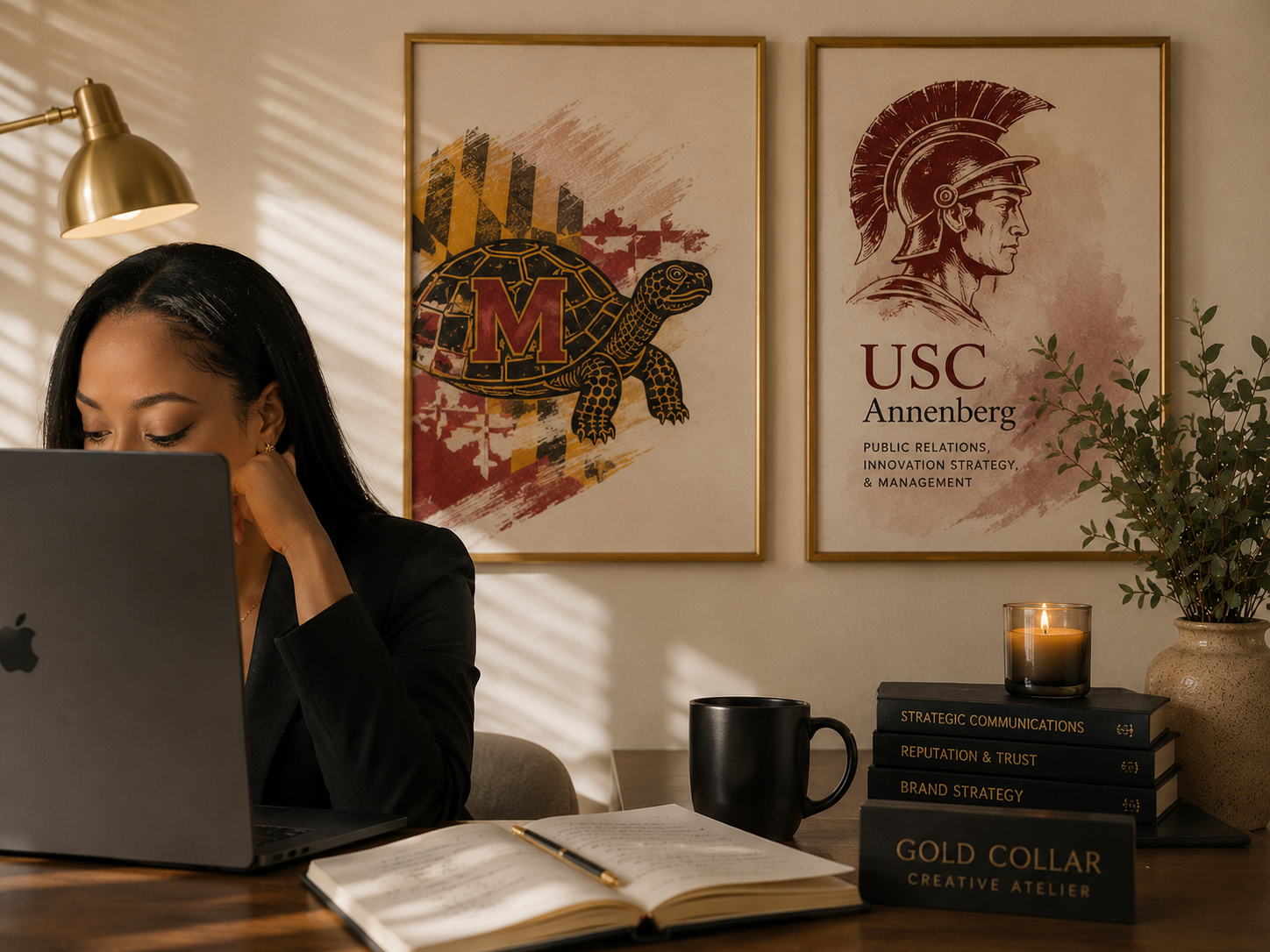 Angelique Payne working at her desk in her studio office, with research books and academic posters from the University of Maryland and USC Annenberg behind her.