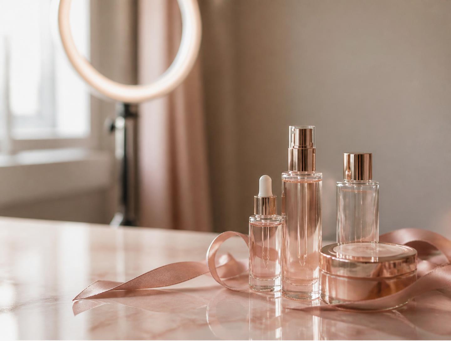 Unbranded glass beauty bottles and silk ribbon on marble in a creator's workspace