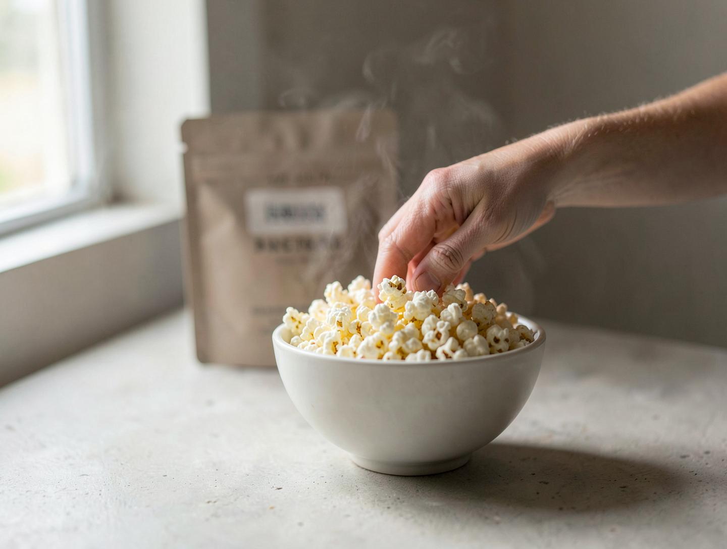 A hand reaching into a bowl of light, airy popcorn on a pale table in soft daylight