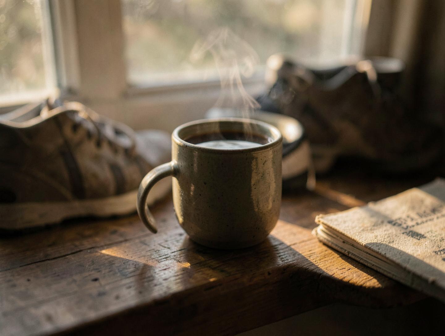 A steaming mug of coffee on a wooden sill in first morning light beside running shoes