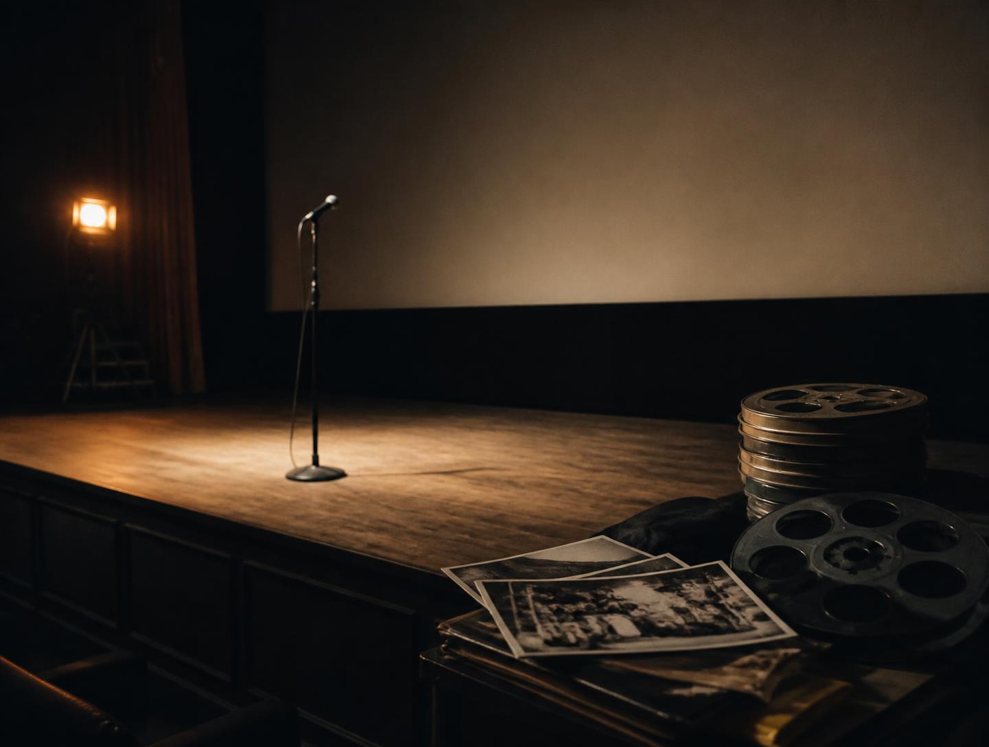 Empty cinema stage with a microphone, film reels and archival prints
