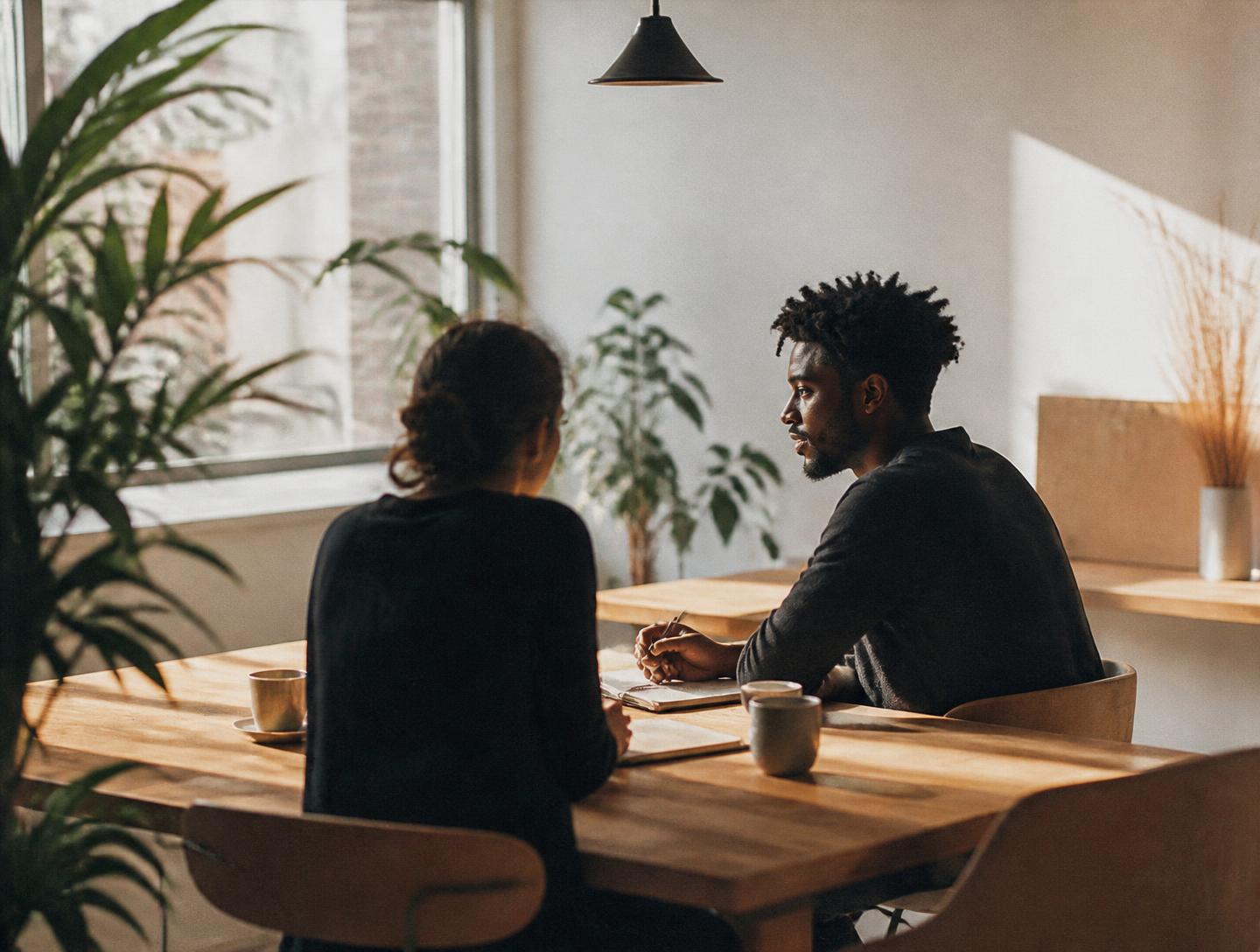 Two colleagues in conversation at a communal table in warm daylight
