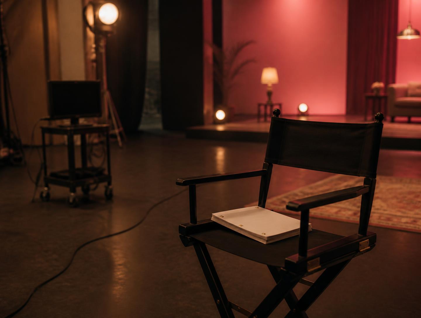 Script resting on a director's chair on a quiet television production set
