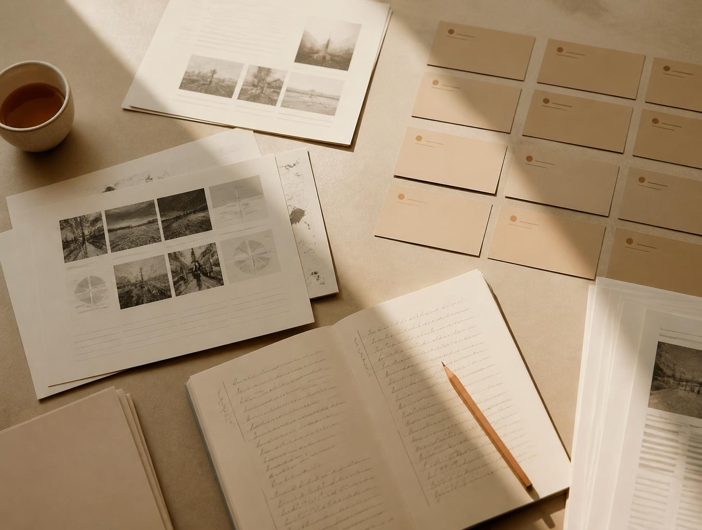 Research pages, index cards and a notebook laid out on a strategist's desk