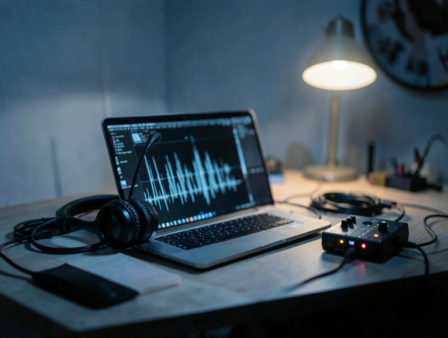 A creator's night desk with headphones and an audio waveform on a laptop screen