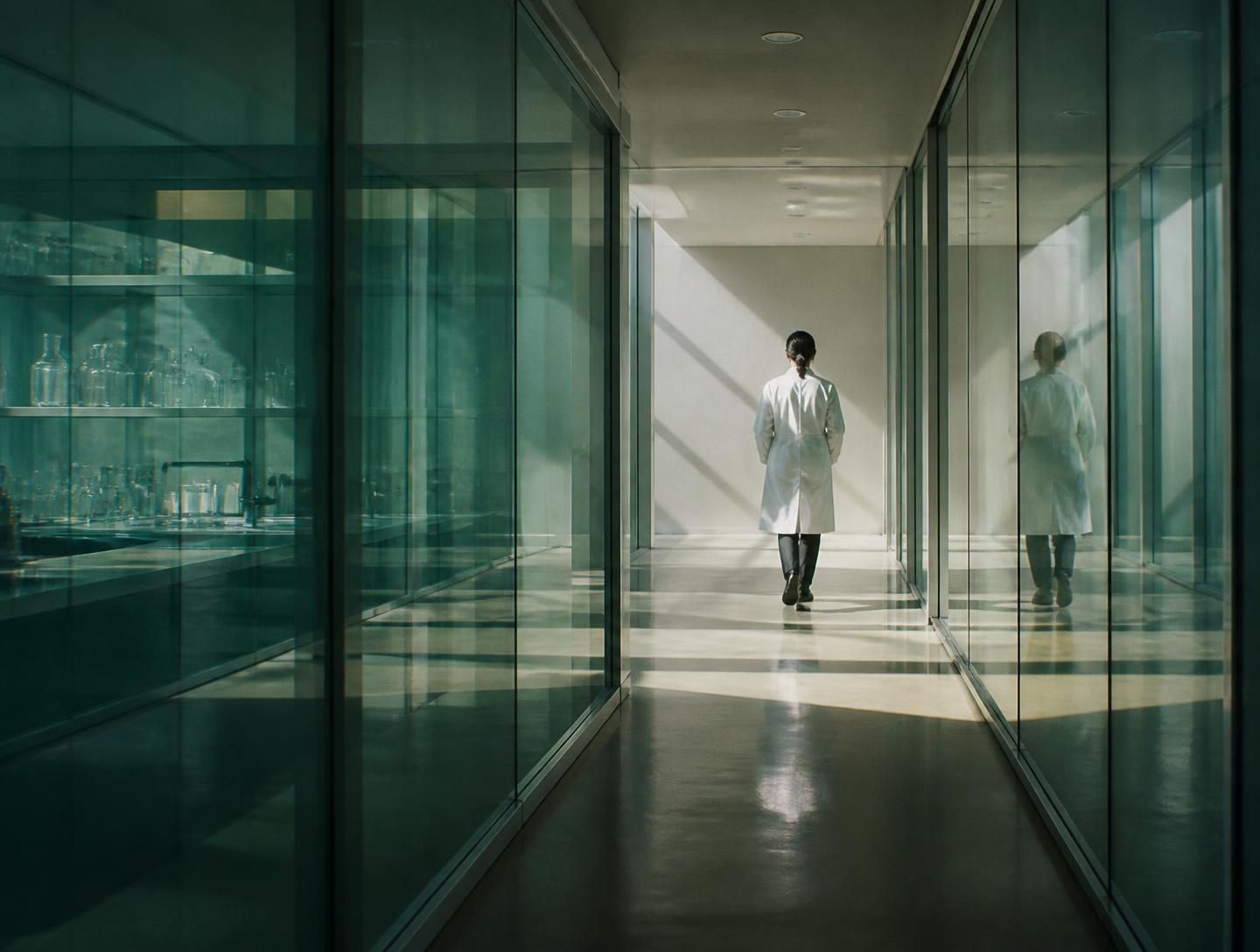 Researcher walking a glass-walled laboratory corridor