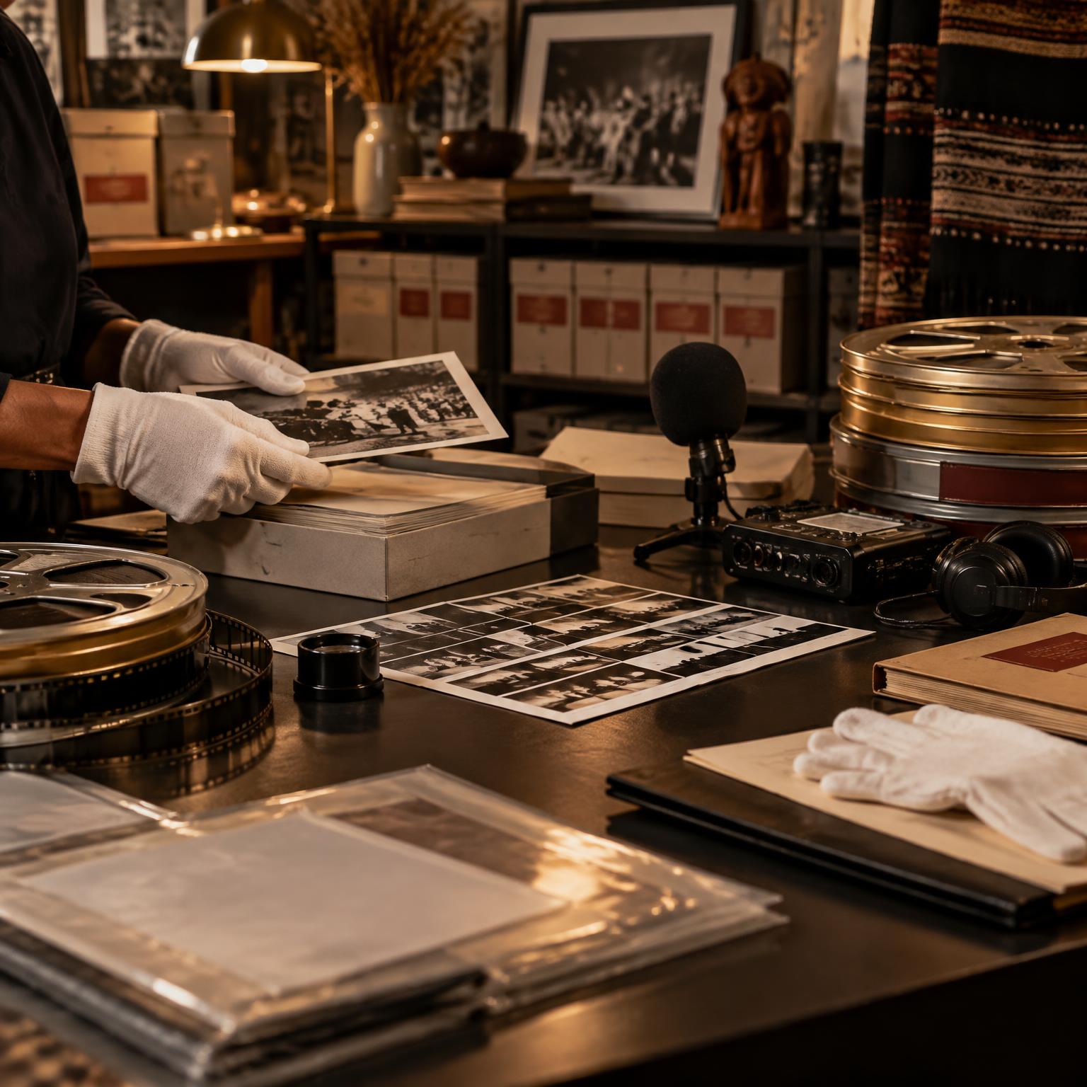 Archival photographs, analog film reels, and oral-history recording equipment in a cultural archive
