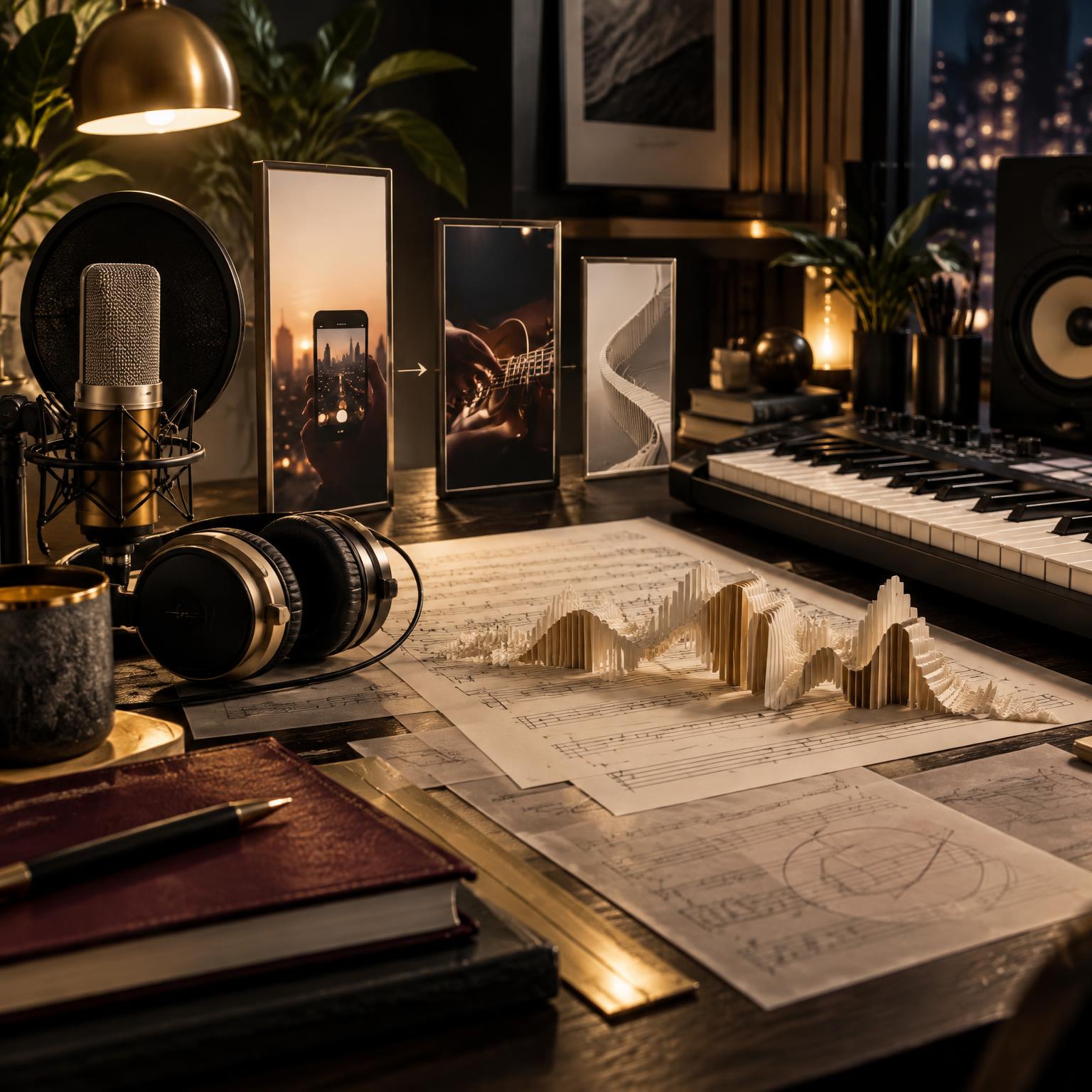 Music studio desk with microphone, headphones, keyboard, vertical frames, and a sculpted paper waveform