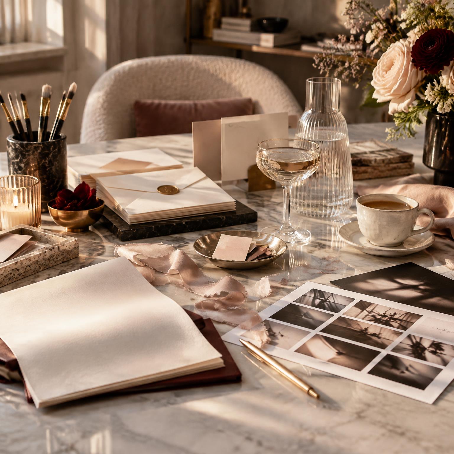 Private salon table with correspondence, artist brushes, translucent glass, ribbon, and light-study contact sheets