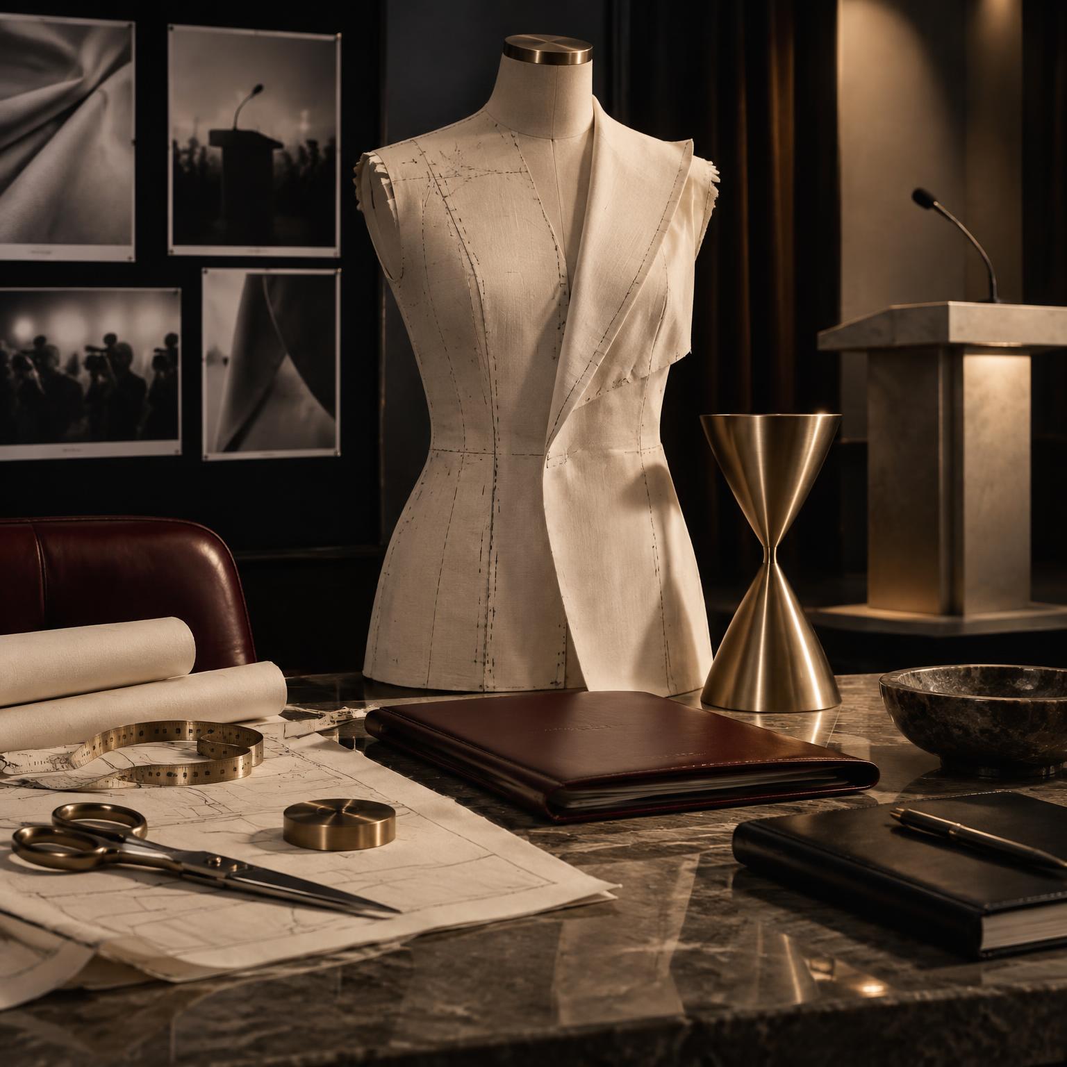 Tailoring mannequin, garment patterns, brass hourglass, executive folders, and an empty podium microphone