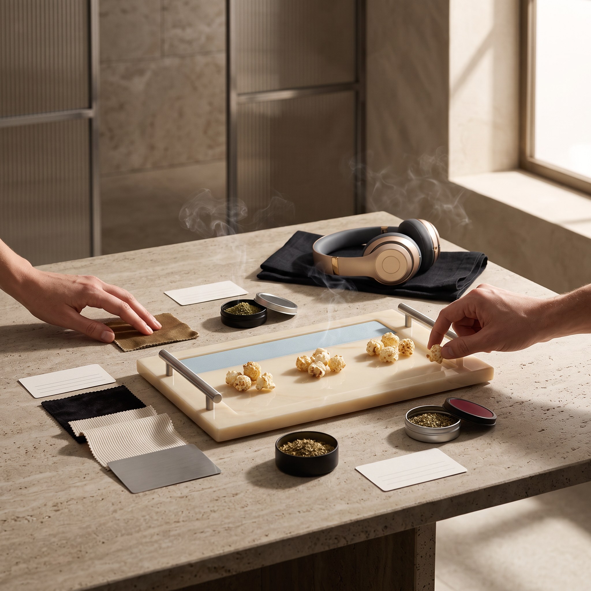 Anonymous hands explore protein popcorn, seasoning, tactile swatches, and headphones at a pale-blue tasting installation