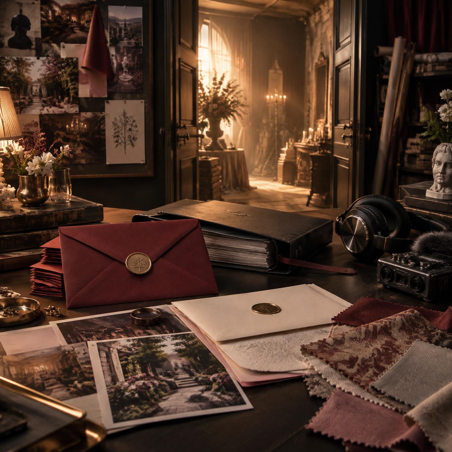 Sealed correspondence, production materials, headphones, and story artifacts before an illuminated doorway