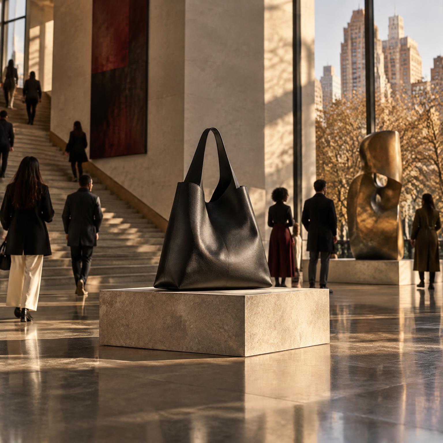 Unbranded black leather tote displayed in a sunlit New York gallery as visitors move through the space