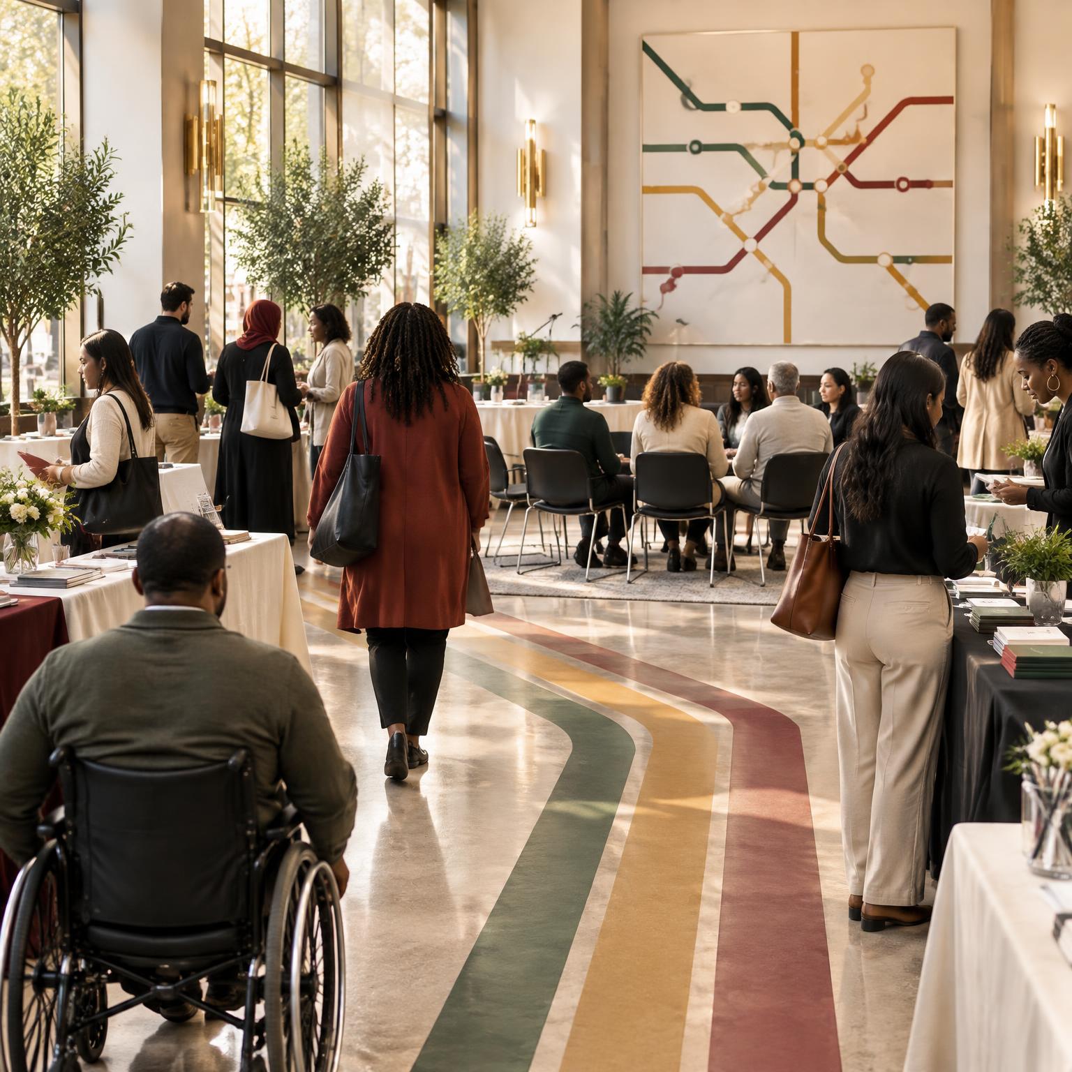 Community members navigate resource tables, provider booths, workshop seating, and access pathways in a bright hall