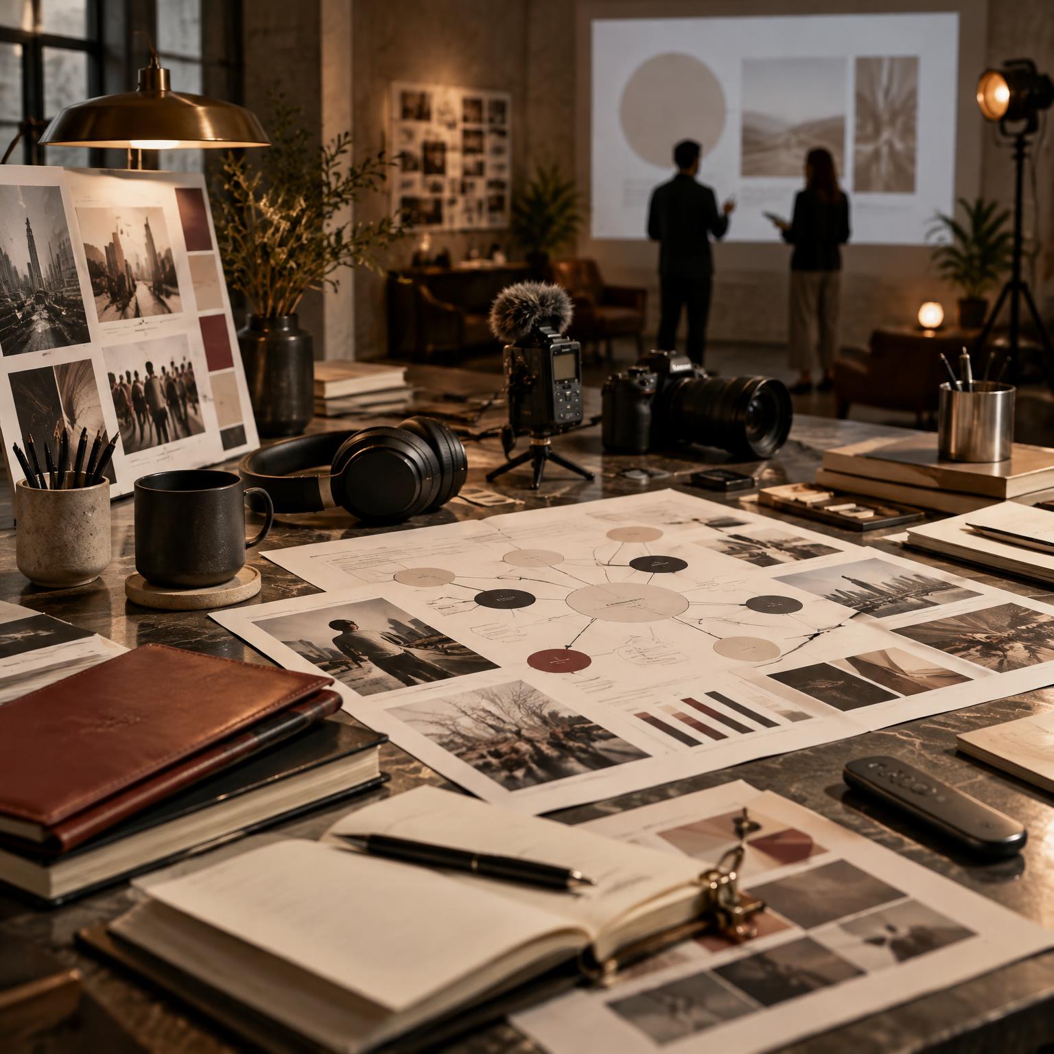 Campaign research, production equipment, and portfolio materials arranged for a presentation rehearsal