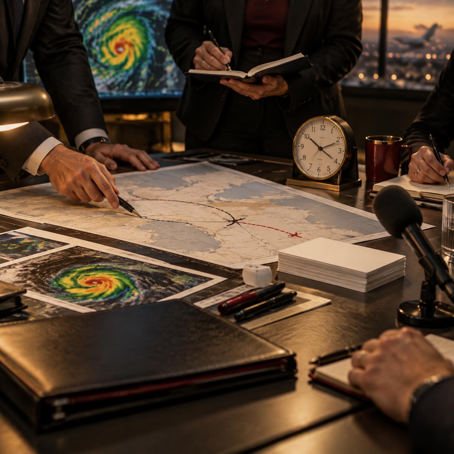Anonymous response team coordinates around route changes, weather imagery, a clock, and spokesperson microphone